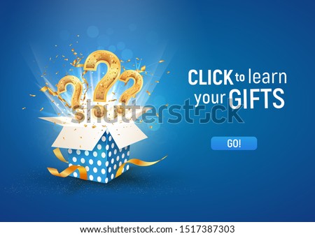 Open textured blue box with question signs and confetti explosion inside and on blue background. Winning gifts lottery vector illustration
