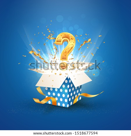 Open textured blue box with question sign and confetti explosion inside and on blue background. Mystery giftbox isolated vector illustration