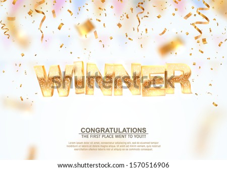 Golden winner word on falling down confetti background with blur motion effect. Winning vector illustration template. Congratulations with perfect victory.