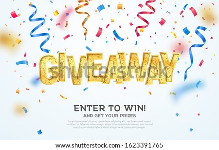 Giveaway golden word celebration of winning on falling down confetti background. Enter to win vector illustration web banner template