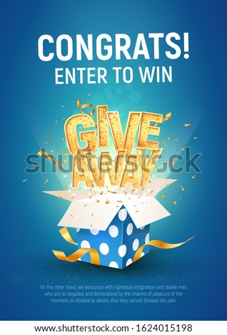 Giveaway word above open textured blue box with confetti explosion inside on blue background illustration poster template. Gift away text and giftbox quiz or lottery template