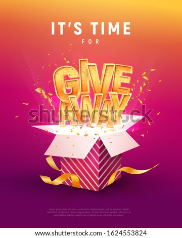 Giveaway word above open box with confetti explosion inside on colorful background illustration poster template. Give away text and giftbox isolated vector object