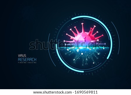 Research Virus bacteria, Covid-19 vector low poly vector illustration. Search for a vaccine against the virus laboratory researching. Finding microbes on blue background