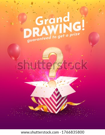 Winning gifts lottery vector illustration. Grand drawing. Open textured box with golden question mark and confetti explosion off and on bright background. 