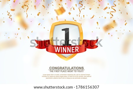 1 place competition vector illustration. Winner first number on a gold shield with red ribbon badge on falling down confetti background