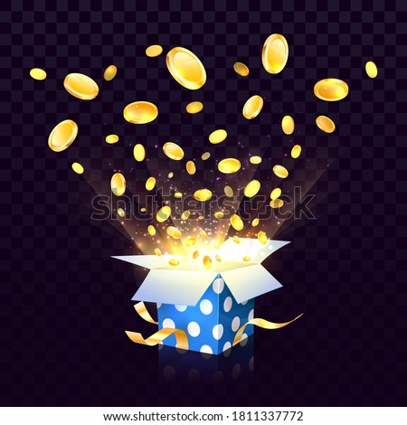 Isolated vector open textured gift box with coins explosion out on the transparent background. Big win of wealth design elements