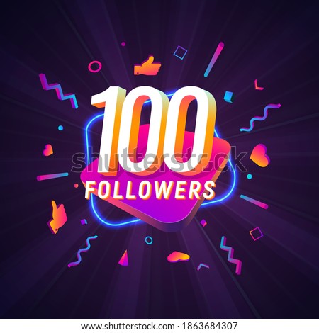 100 followers celebration in social media vector web banner on dark background. One hundred follows 3d Isolated design elements