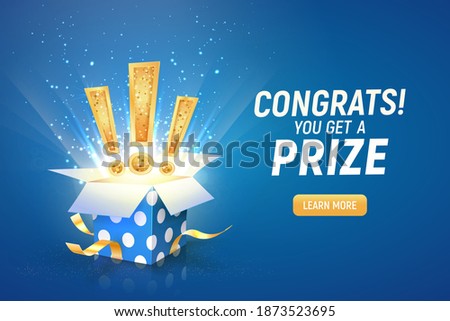 Opened textured blue box with exclamation signs explosion inside on a blue background. Winning gifts lottery vector illustration. Web banner with present