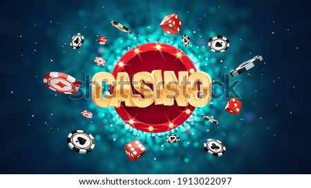 Gambling casino online leisure games vector illustration. Win in gamble game. Chips and dice exploding on dark blurred background