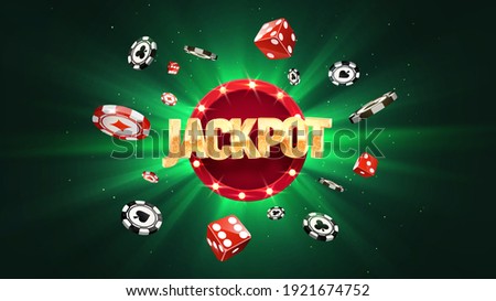 Win jackpot online  casino leisure games vector illustration. Winning in gamble game. Chips and dice falling on green sun burst background