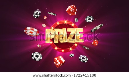Win prize in gambling game purple background vector banner. Winning money congratulations illustration for casino or online games.Chips and dice explosion