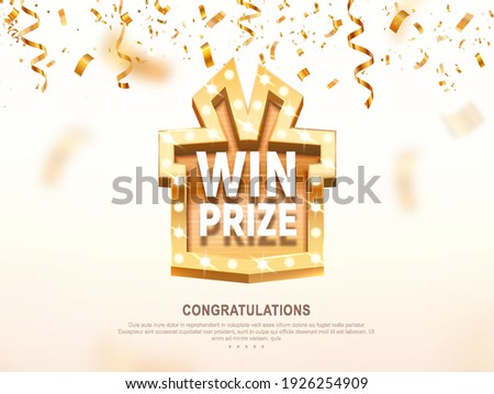 Win prize gift box with golden retro board broadway sign vector illustration. Winning celebration with confetti on light background 