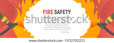 Fire safety vector web banner. Precautions the use of fire background template. Firefighters fights a fire cartoon flat design. Natural fires and disasters illustration