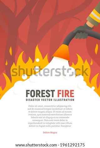 Forest fire vector placard. Fire safety illustration. Precautions the use of fire poster template. A firefighter fights a woods fire cartoon flat design. Natural disasters