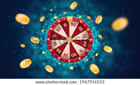 Vector 3d fortune wheel with golden flying coins on blue abstract background. Spin casino roulette and win prizes