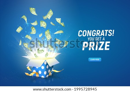 Win prize. Online casino gambling game vector illustration advertising. Open textured gift box with paper money explosion out on the blue background. 