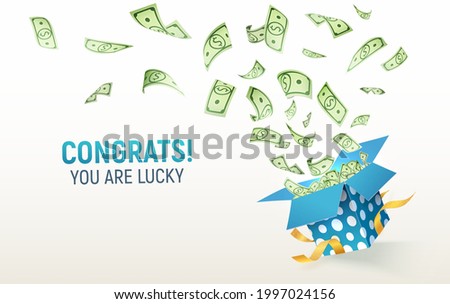 Dollar paper currency explosion out box. Win money prizes vector banner. Gambling advertising illustration. Blue gift box on white background