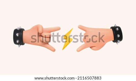 Sign of the horns ui hero character. Rock festival music sign two hands gesture isolated 3d cartoon illustration. Heavy metal isolated arm.