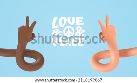 Peace no war 3d vector multi ethnic hands gesturing on blue background. World peace day illustration. Two fingers up love symbol and victory sign ui hero character.