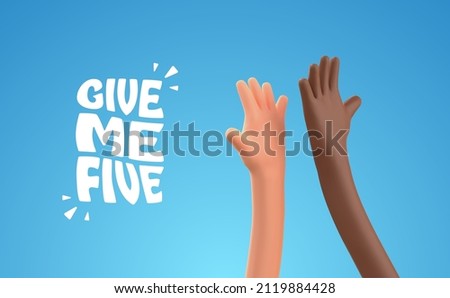 High five 3d cartoon hands vector illustration. Multiethnic friendship. Teamwork business success 商業照片 © 