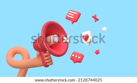 3d cartoon hand holding loudspeaker vector illustration. Customer attraction. Social media marketing.