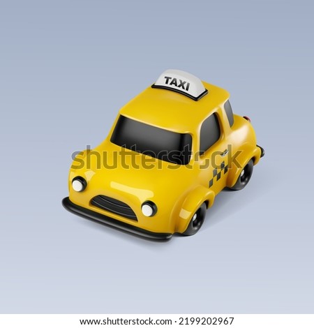 Vector 3d cartoon toy city taxi vehicle on gray background. Isolated yellow cab design element.