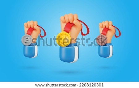 Set of vector 3d cartoon hands holding golden silver and bronze medals. Winning achievement design elements on blue background. Sport competition award ceremony design elements