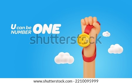 3d cartoon hand holding golden medal on blue sky background and clouds. First place winning celebration in sport competitions