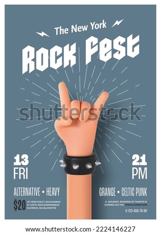 Rock festival invitation printing leaflet template. Music festival flyer vector illustration A4 badge format. 3d rock stars hand with horn sign gesturing.