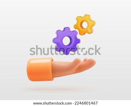 3d cartoon hand holding cogwheels isolated vector illustration. Customer support three dimensional icon. Technical support engineering concept. Online internet consultation 