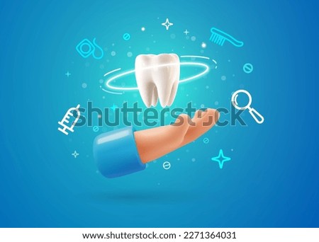 Tooth protection vector illustration. Dentist holding white tooth implant 3d cartoon. Teeth dentistry banner template. Stomatology advertising design elements template