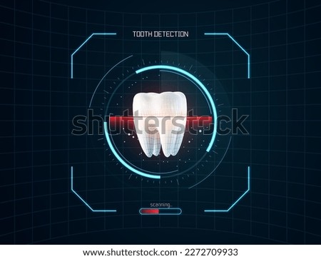Dental exam innovation science research. 3d vector tooth scanning x-ray with wireframe with futuristic HUD design elements on dark background.