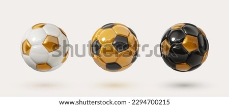 Colorful soccer balls collection. White, golden, black glossy football balls isolated design elements on white background. Vector 3d design elements. Luxury sport icons.