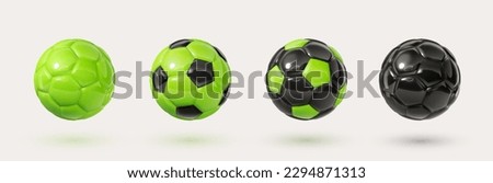 Green and black glossy football balls isolated design elements on white background. Colorful soccer balls collection. Vector 3d design elements. Sports close up icons.