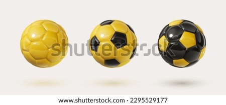 Yellow and black glossy football balls isolated design elements on white background. Colorful soccer balls collection. Vector 3d design elements. Sports close up icons