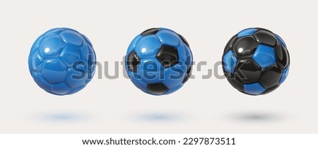 Blue and black glossy football balls isolated design elements on white background. Colorful soccer balls collection. Vector 3d design elements. Sports close up icons