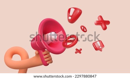 Prohibition vector illustration concept. Attention of warning, danger, fake news or safety caution information. Attention warning of false news. Hand holding red loudspeaker and flying attention icons
