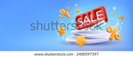 Winter sale super wide vector banner. Discount offer  illustration. Inflated 3d Sale word on pedestal with wind and snowflakes on light blue backgroun