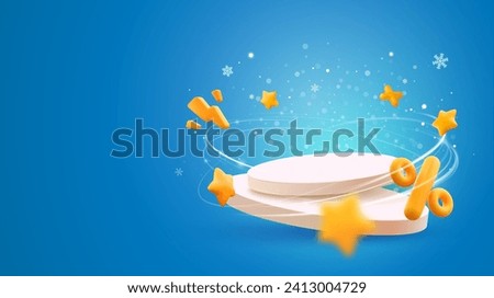 Round pedestal vector illustration. Stage podium with percentage and flash icons with wind effect on blue background. Discount offer, sale template.