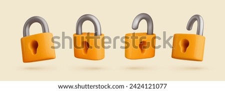 Yellow cartoon padlocks set 3d vector illustration. Closed and open isolated locks collection on white background.