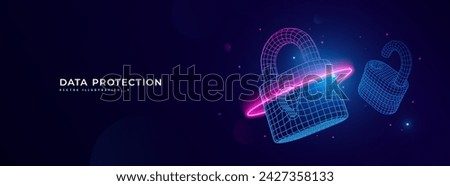 Futuristic cyber security vector illustration. Data security scanning. Wireframe locks on blue background. Padlock technology, cybersecurity, and digital encryption.