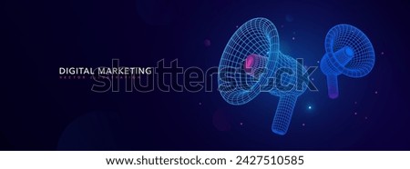 Futuristic announcements, advertisements, cyber monday marketing vector illustration. 3d wire frame megaphone media marketing vector illustration. Promotion advertising wireframe loudspeaker banner.