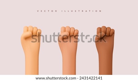 Upholding human rights, protests, international action strike, rebellion. 3d human hands different nation and races vector cartoon set on white background. Isolated design elements.