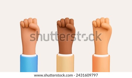 Human rights protection, protests, international strike, uprising, honest work. 3d vector cartoon Human hands in business suits of different nations and races on a white background. Design elements.