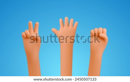 3d cartoon hands playing rock paper scissors game vector illustration. 3d cute arms gesturing design elements on blue background