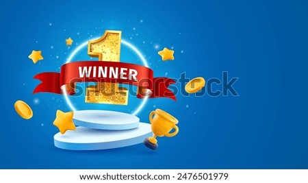 Win 1 place celebrating 3d vector illustration. Number one on pedestal champion banner. Winner first number on podium with red ribbon, goblet, stars on blue background