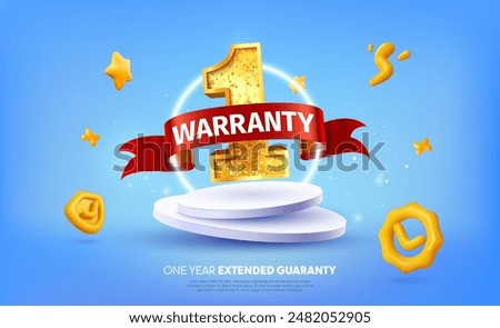 1 year warranty label vector illustration. 3d one year guarantee on light blue background. Warranty service security products. Golden number one with red ribbon on podium.