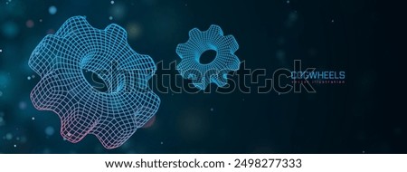 3D vector gear and cogwheel illustration, blue wireframe mesh. Technical security, online support, industrial innovation. Engineering, digital technology cybersecurity vector illustration.