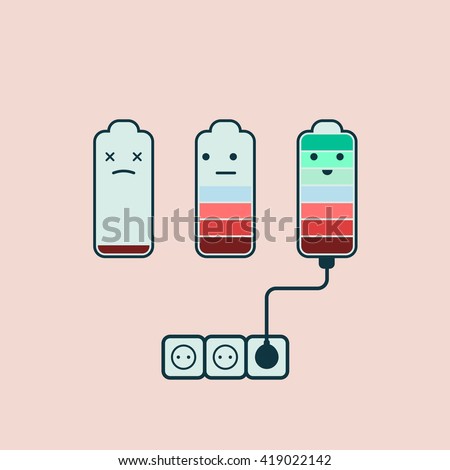 Vector illustration of icons which shows a sad low battery, the middle battery in disbelief and happy, full battery flat design in pastel colors