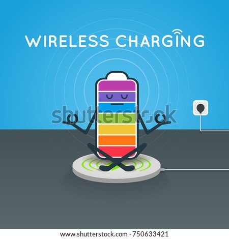 The battery in the Lotus position on the wireless charger cartoon vector illustration. The cell level of charge in the seven colors of the chakras